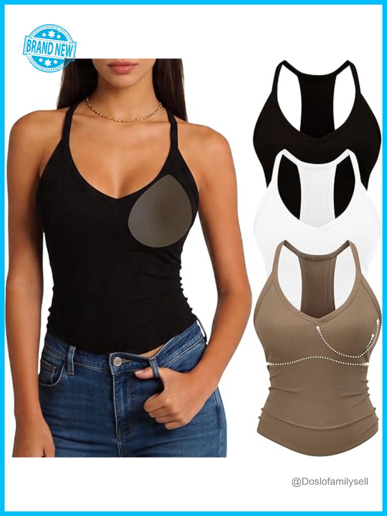 3 Pack Ribbed Knit Tank Tops With Built In Bras, V Neck Racerback Sleeveless